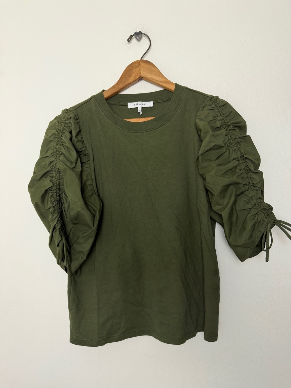 Frame Denim Olive Green Gathered Sleeve Tee